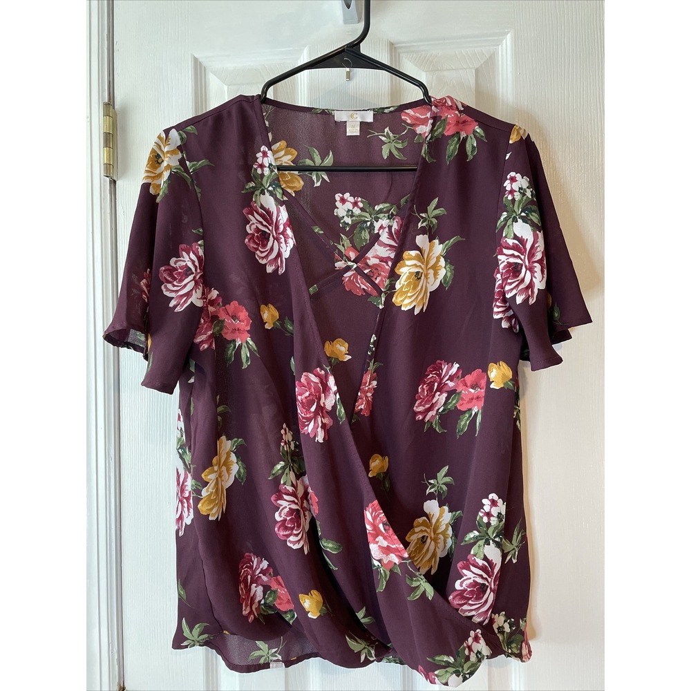 Faux Wrap Top Medium C Floral Purple Blouse Sheer Short Sleeve V-Neck‎ Feminine